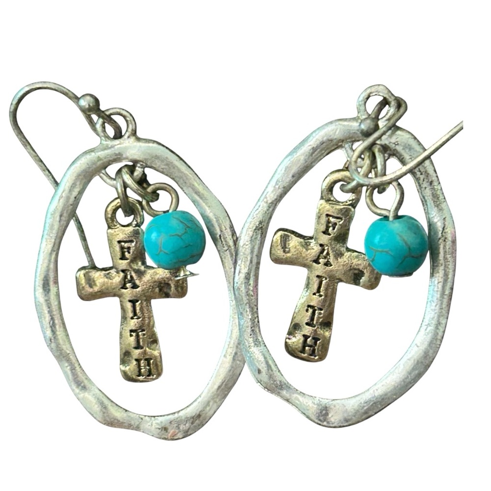Faith Cross Earrings Turquoise‎ Bead Dangle Silver Tone Religious Jewelry